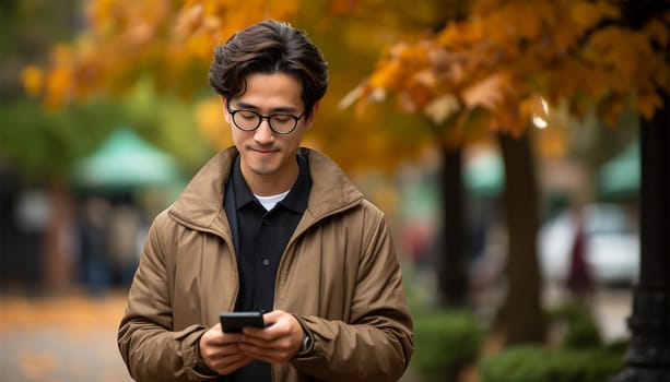 Handsome Asian student using mobile phone on sunny day. Man is sending message using smart phone. Social media,texting,video concept copy space