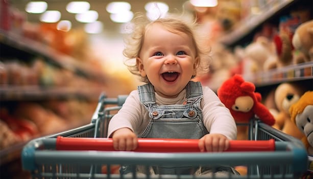 cute toddler is shopping in the supermarket or toy store. The baby is pushing a shopping cart. Funny concept for shopping advertisement. Supermarket,grocery store and children background Having fun