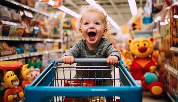 cute toddler is shopping in the supermarket or toy store. The baby is pushing a shopping cart. Funny concept for shopping advertisement. Supermarket,grocery store and children background Having fun