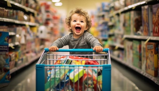 cute toddler is shopping in the supermarket or toy store. The baby is pushing a shopping cart. Funny concept for shopping advertisement. Supermarket,grocery store and children background Having fun