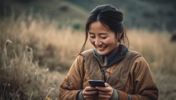 Traditional Chinese woman in village,farm landscape watching on her mobile phone and laughing. Asian elderly woman using smartphone,social media or texting in China beauty