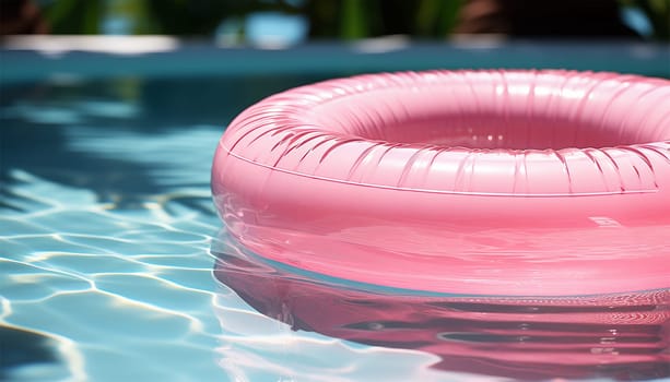Colorful swim ring in pool top view, Rubber coloful pink inflatable tire in modern swimming pool. Summer Holiday concept design. Resort,toys,beach copy space