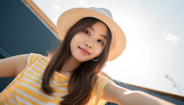 A portrait of a Happy young Asian woman take selfie, smile to camera. Asian teen in summer landscape using smartphone for social media. Teen with Mobile phone in blue sky beauty