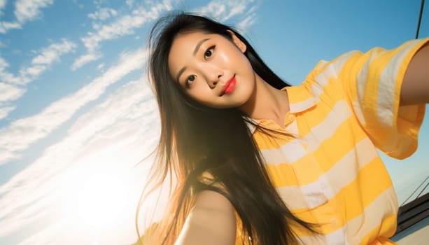 A portrait of a Happy young Asian woman take selfie, smile to camera. Asian teen in summer landscape using smartphone for social media. Teen with Mobile phone in blue sky beauty
