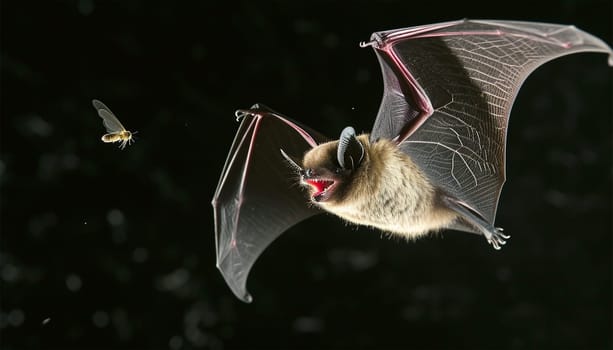 Bat hunts for fly. Flying bat hunting in forest. The grey long-eared bat (Plecotus austriacus) is a fairly large European bat. It has distinctive ears, long and with a distinctive fold. It hunts above woodland. nature wildlife