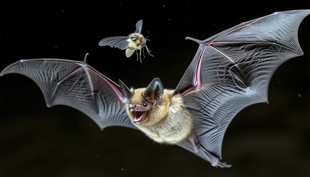 Bat hunts for fly. Flying bat hunting in forest. The grey long-eared bat (Plecotus austriacus) is a fairly large European bat. It has distinctive ears, long and with a distinctive fold. It hunts above woodland. nature wildlife
