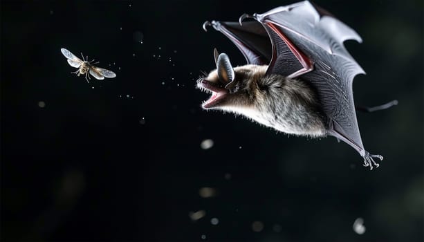 Bat hunts for fly. Flying bat hunting in forest. The grey long-eared bat (Plecotus austriacus) is a fairly large European bat. It has distinctive ears, long and with a distinctive fold. It hunts above woodland. nature wildlife