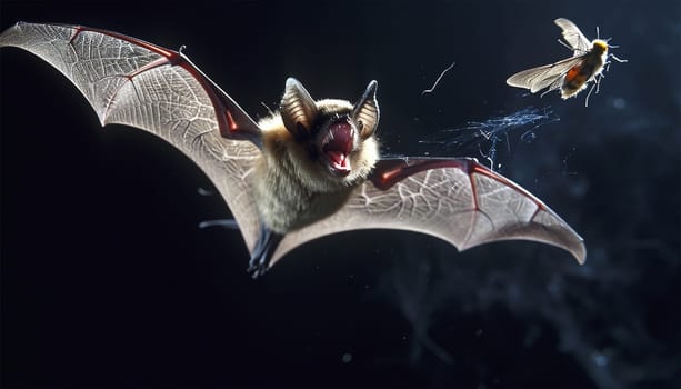 Bat hunts for fly. Flying bat hunting in forest. The grey long-eared bat (Plecotus austriacus) is a fairly large European bat. It has distinctive ears, long and with a distinctive fold. It hunts above woodland. nature wildlife