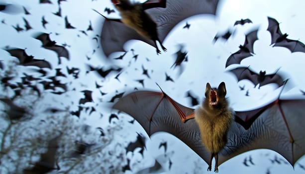 Horrific black bats swarm in the sky. Halloween background. Flying fox night creatures Silhouettes of flying bats traditional Halloween symbols wildlife nature