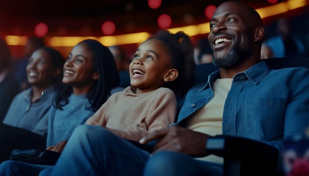 African American family in movie theater. A happy multi-ethnic family is in the movie theater watching a movie on and enjoying drinks and popcorn and having fun. Love,happy and Laughing colorful