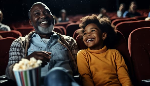 African American family in movie theater. A happy multi-ethnic family is in the movie theater watching a movie on and enjoying drinks and popcorn and having fun. Love,happy and Laughing colorful