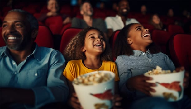 African American family in movie theater. A happy multi-ethnic family is in the movie theater watching a movie on and enjoying drinks and popcorn and having fun. Love,happy and Laughing colorful