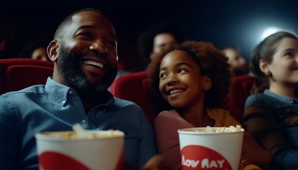 African American family in movie theater. A happy multi-ethnic family is in the movie theater watching a movie on and enjoying drinks and popcorn and having fun. Love,happy and Laughing colorful