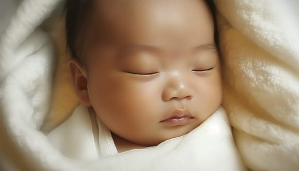 Newborn Asian baby sleeping. Top view happy newborn baby lying sleeps on a white blanket comfortable and safety at warmth place. Cute Asian newborn sleeping and napping on bed. Newborn Baby Care concept Chinese portrait close up