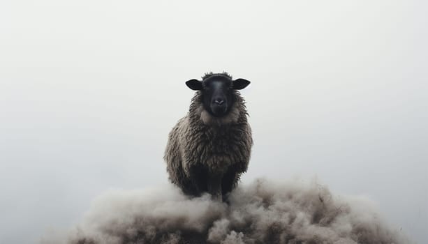 Lonely black sheep. Standing out of the crowd. Dare to be different concept. A black sheep among the herd of white sheep. Black sheep of the family concept design close up concept for being left out