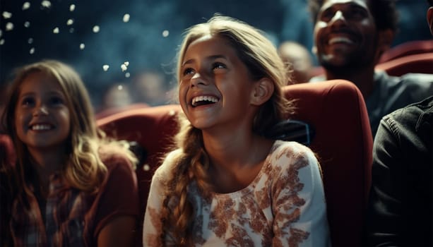 African American family in movie theater. A happy multi-ethnic family is in the movie theater watching a movie on and enjoying drinks and popcorn and having fun. Love,happy and Laughing colorful