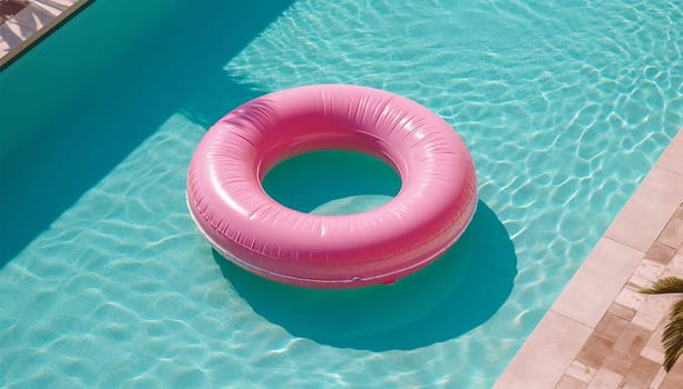 Colorful swim ring in pool top view, Rubber coloful pink inflatable tire in modern swimming pool. Summer Holiday concept design. Resort,toys,beach copy space