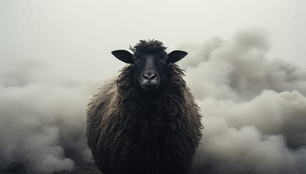 Lonely black sheep. Standing out of the crowd. Dare to be different concept. A black sheep among the herd of white sheep. Black sheep of the family concept design close up concept for being left out
