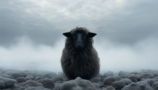 Lonely black sheep. Standing out of the crowd. Dare to be different concept. A black sheep among the herd of white sheep. Black sheep of the family concept design close up concept for being left out