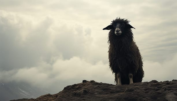 Lonely black sheep. Standing out of the crowd. Dare to be different concept. A black sheep among the herd of white sheep. Black sheep of the family concept design close up concept for being left out