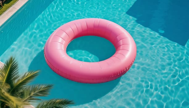 Colorful swim ring in pool top view, Rubber coloful pink inflatable tire in modern swimming pool. Summer Holiday concept design. Resort,toys,beach copy space