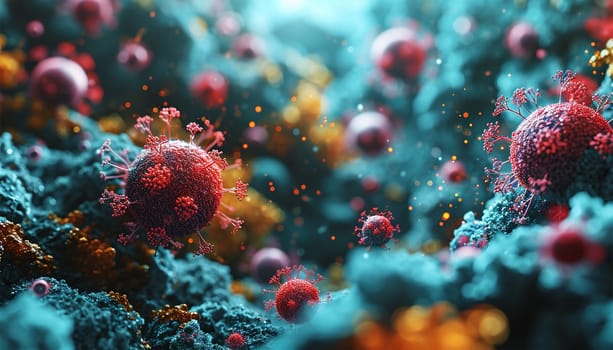 Virus, bacteria, fungi medical 3D background. Coronavirus covid-19 disease epidemic strains. Omicron, rhinovirus, HPV infection, HIV, adenovirus, influenza illness virus cells, antibody, bacteriophage