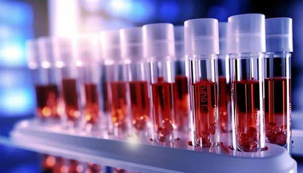 Medical test tubes. Tubes with blood in lab. Lab assistant, a medical scientist, a chemistry researcher a glass tube through the blood sample, does a chemical experiment and examines a patient's blood sample. Medicine and research concept. Copy space Space for text