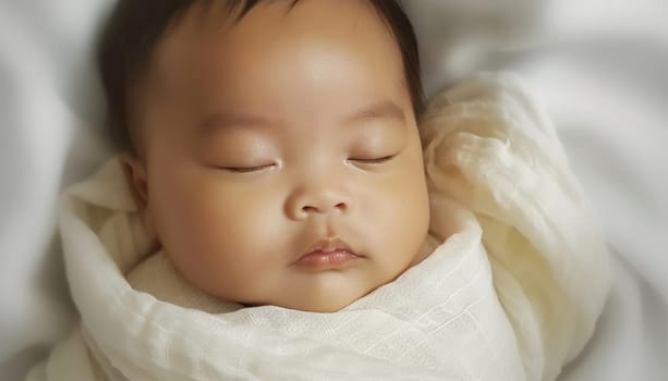 Newborn Asian baby sleeping. Top view happy newborn baby lying sleeps on a white blanket comfortable and safety at warmth place. Cute Asian newborn sleeping and napping on bed. Newborn Baby Care concept Chinese portrait close up