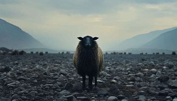 Lonely black sheep. Standing out of the crowd. Dare to be different concept. A black sheep among the herd of white sheep. Black sheep of the family concept design close up concept for being left out