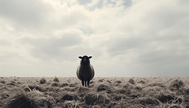 Lonely black sheep. Standing out of the crowd. Dare to be different concept. A black sheep among the herd of white sheep. Black sheep of the family concept design close up concept for being left out