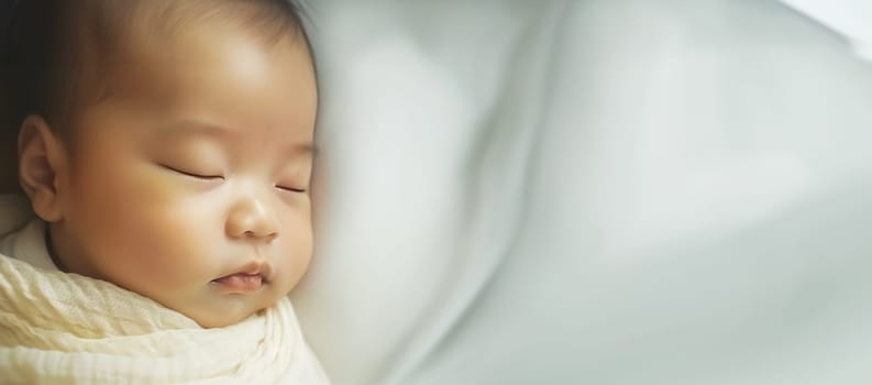 Newborn Asian baby sleeping. Top view happy newborn baby lying sleeps on a white blanket comfortable and safety at warmth place. Cute Asian newborn sleeping and napping on bed. Newborn Baby Care concept Chinese portrait close up