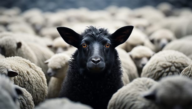 Lonely black sheep. Standing out of the crowd. Dare to be different concept. A black sheep among the herd of white sheep. Black sheep of the family concept design close up concept for being left out