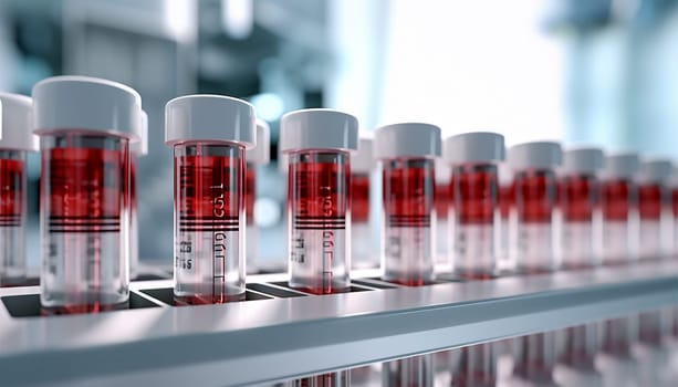 Medical test tubes. Tubes with blood in lab. Lab assistant, a medical scientist, a chemistry researcher a glass tube through the blood sample, does a chemical experiment and examines a patient's blood sample. Medicine and research concept. Copy space Space for text