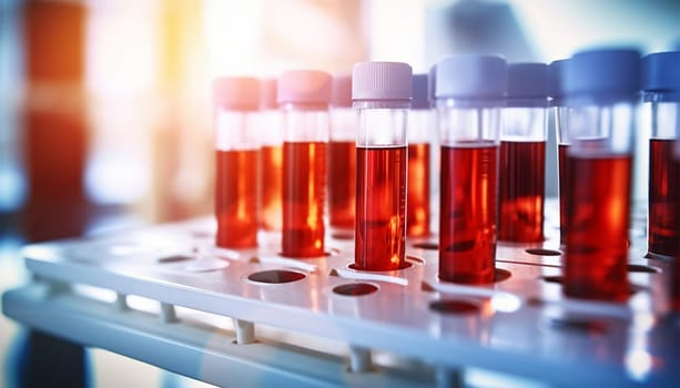 Medical test tubes. Tubes with blood in lab. Lab assistant, a medical scientist, a chemistry researcher a glass tube through the blood sample, does a chemical experiment and examines a patient's blood sample. Medicine and research concept. Copy space Space for text