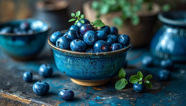 Freshly picked blueberries in blue bowl. Juicy and fresh blueberries with green leaves on rustic table. Bilberry on wooden Background. Blueberry antioxidant. Concept for healthy eating and nutrition Copy space