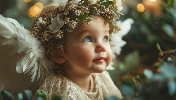 Baby toddler with angel Wings. Child Sitting in magical sky with clouds. Artistic Fantasy Sky Background. Cupid,Valentine,Heaven,hope and believe concept Copy space