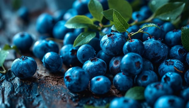 Freshly picked blueberries in blue bowl. Juicy and fresh blueberries with green leaves on rustic table. Bilberry on wooden Background. Blueberry antioxidant. Concept for healthy eating and nutrition Copy space