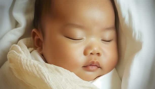 Newborn Asian baby sleeping. Top view happy newborn baby lying sleeps on a white blanket comfortable and safety at warmth place. Cute Asian newborn sleeping and napping on bed. Newborn Baby Care concept Chinese portrait close up