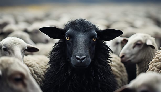 Lonely black sheep. Standing out of the crowd. Dare to be different concept. A black sheep among the herd of white sheep. Black sheep of the family concept design close up concept for being left out