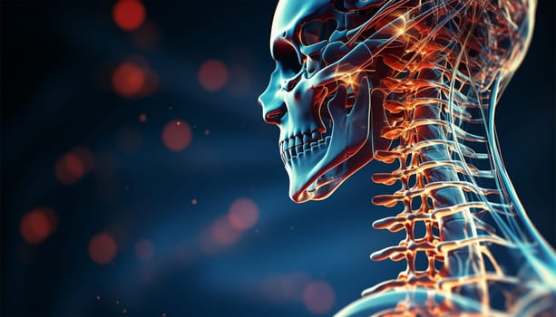 Human spine. Plain X ray of cervical spine revealed straightened cervical curve, spondylosis osteophytic lipping of C3, C4, C5 vertebral end plates, narrow disc spaces, ligamentous calcification opposing C4, C5 colorful
