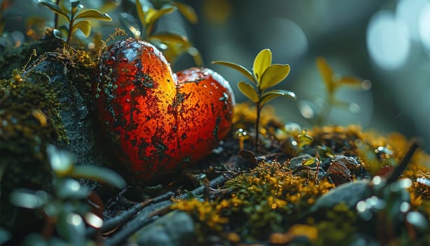 A heart untouched nature a concept illustrating the issues of nature conservation, bio-products and the protection of forests and woodlands in general. 3d rendering. Copy space Beautiful nature forest life lights