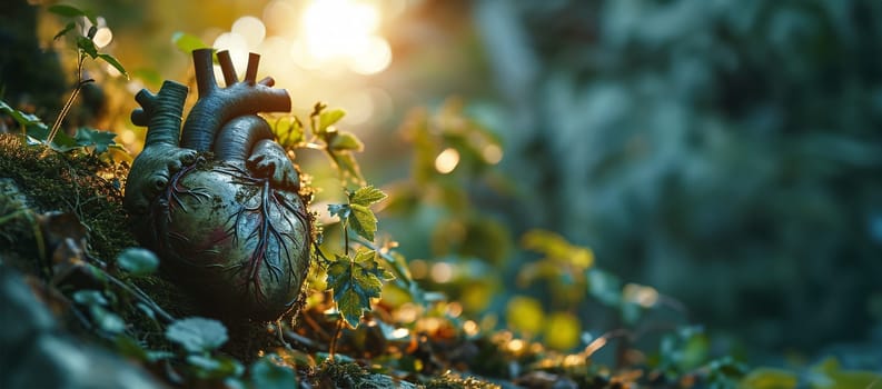 A heart covered with grass and green leaves untouched nature a concept illustrating the issues of nature conservation, bio-products and the protection of forests and woodlands in general. 3d rendering. Copy space Beautiful nature forest life lights copy space