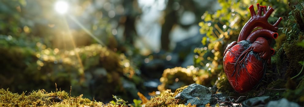 A heart untouched nature a concept illustrating the issues of nature conservation, bio-products and the protection of forests and woodlands in general. 3d rendering. Copy space Beautiful nature forest life lights