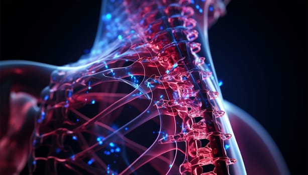 Human spine. Plain X ray of cervical spine revealed straightened cervical curve, spondylosis osteophytic lipping of C3, C4, C5 vertebral end plates, narrow disc spaces, ligamentous calcification opposing C4, C5 colorful