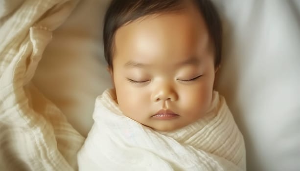 Newborn Asian baby sleeping. Top view happy newborn baby lying sleeps on a white blanket comfortable and safety at warmth place. Cute Asian newborn sleeping and napping on bed. Newborn Baby Care concept Chinese portrait close up