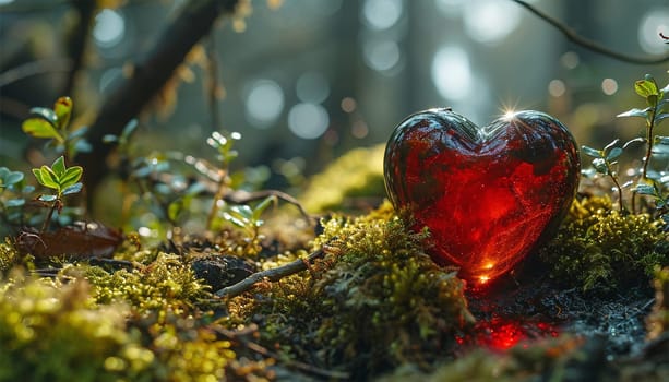 A heart untouched nature a concept illustrating the issues of nature conservation, bio-products and the protection of forests and woodlands in general. 3d rendering. Copy space Beautiful nature forest life lights