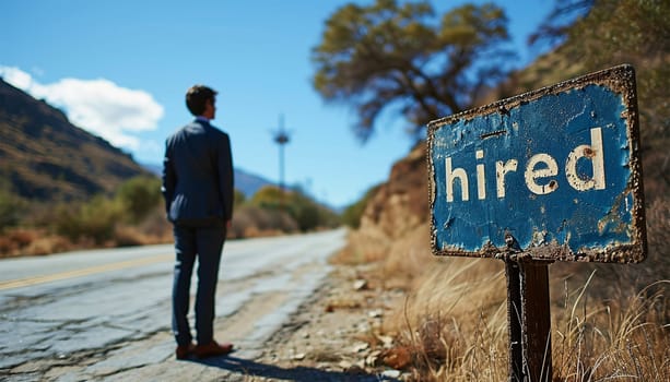 successful businessman has been hired for new job. Sign with hired. Smiling confident businessman successful in the city. business partners making successful investment deal, agreement, salesman work
