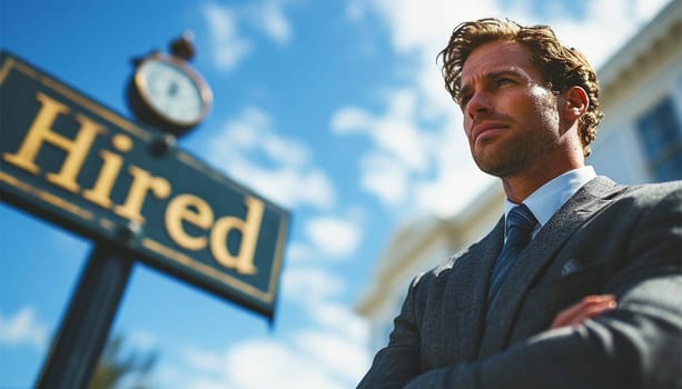 successful businessman has been hired for new job. Sign with hired. Smiling confident businessman successful in the city. business partners making successful investment deal, agreement, salesman work