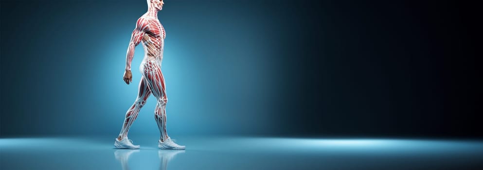 Anatomical Human head and shoulders. Demonstrating the muscles and ligaments of a human being. Image is on blue background. Mannequin anatomy internal organs, x ray,model for medical healthcare 3D Copy space