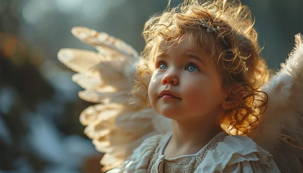 Baby toddler with angel Wings. Child Sitting in magical sky with clouds. Artistic Fantasy Sky Background. Cupid,Valentine,Heaven,hope and believe concept Copy space